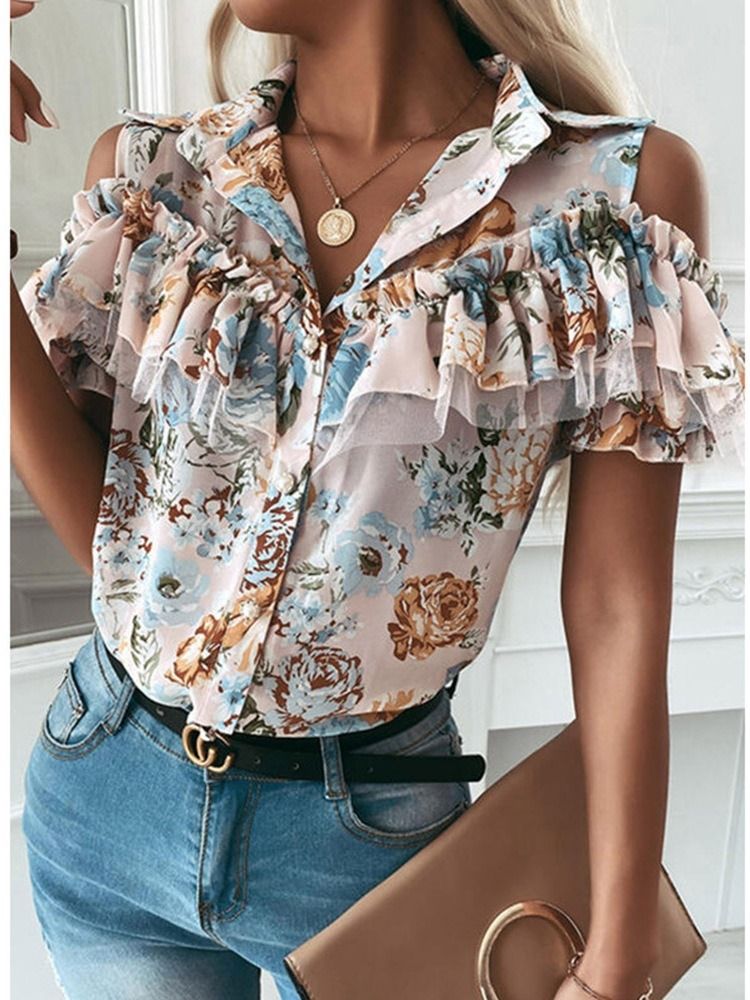 Print Blumen Revers Kurzarm Damen Standardbluse