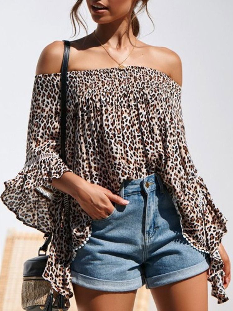 Print Leopard Off Shoulder Standard Dreiviertelärmel Damenbluse