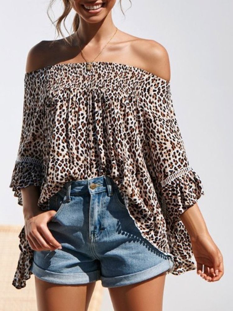 Print Leopard Off Shoulder Standard Dreiviertelärmel Damenbluse