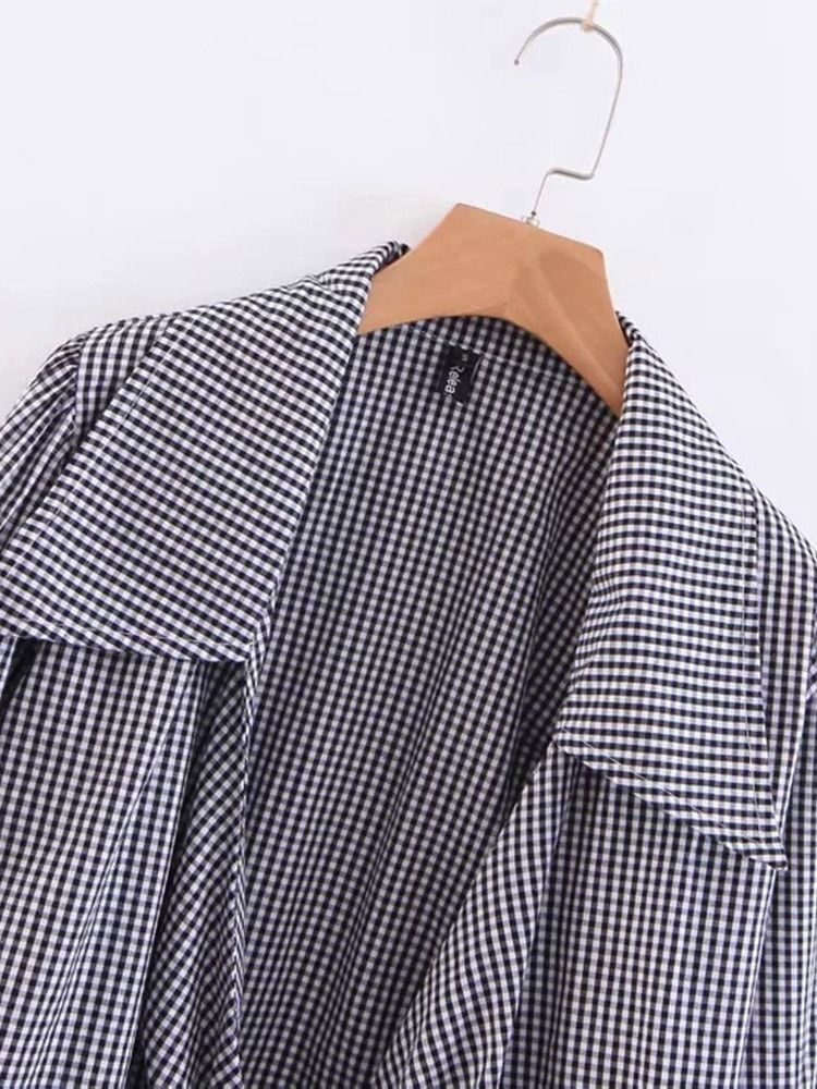 Revers Plaid Lace-up Langarm Damen Kurzbluse