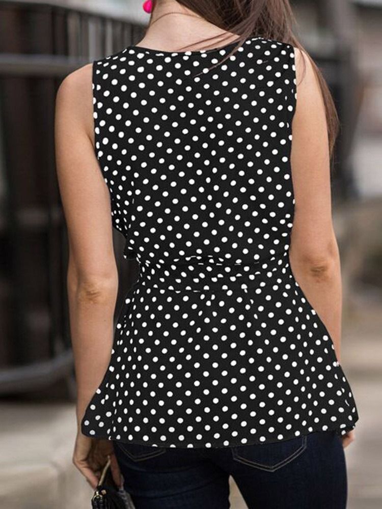 Schnürung Polka Dots Rundhals Ärmellose Mittellange Damenbluse