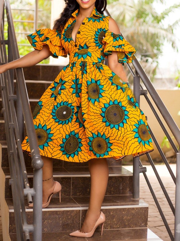 A-linien-kleid Mit Blumen-a-linien-print Für Afrikanische Mode Bis Zur Mitte Der Wade