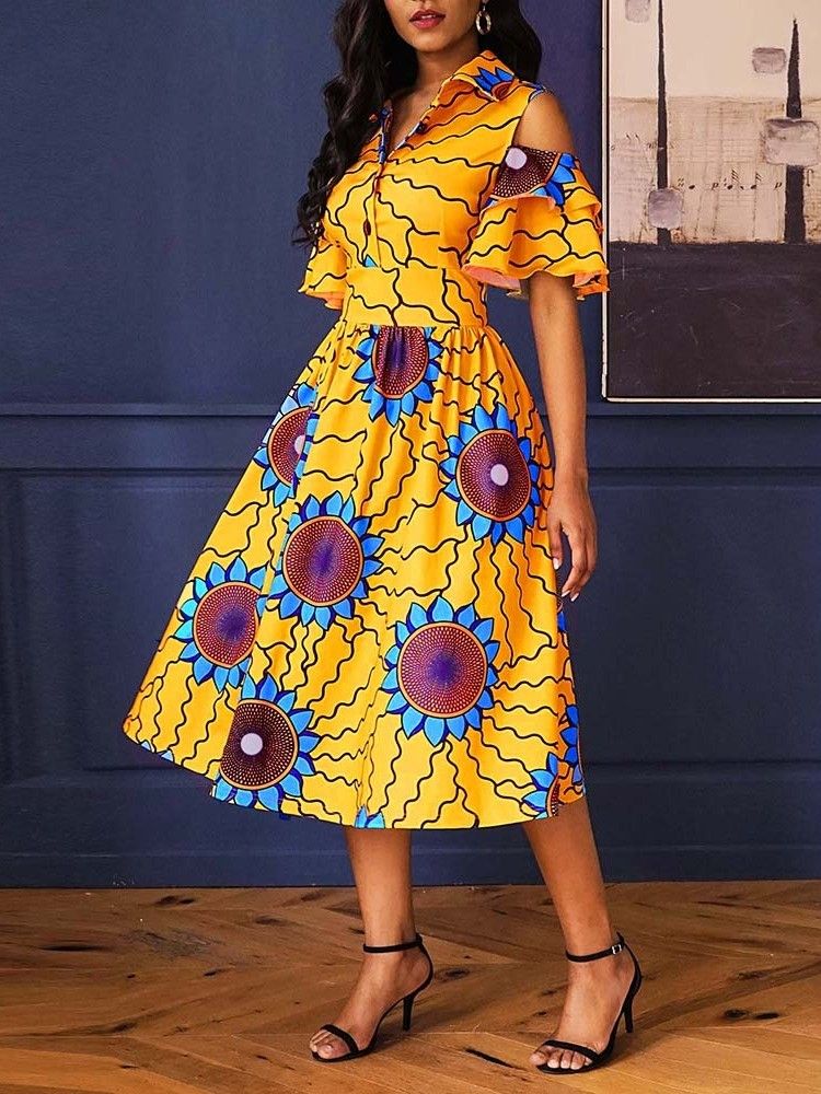 A-linien-kleid Mit Blumen-a-linien-print Für Afrikanische Mode Bis Zur Mitte Der Wade