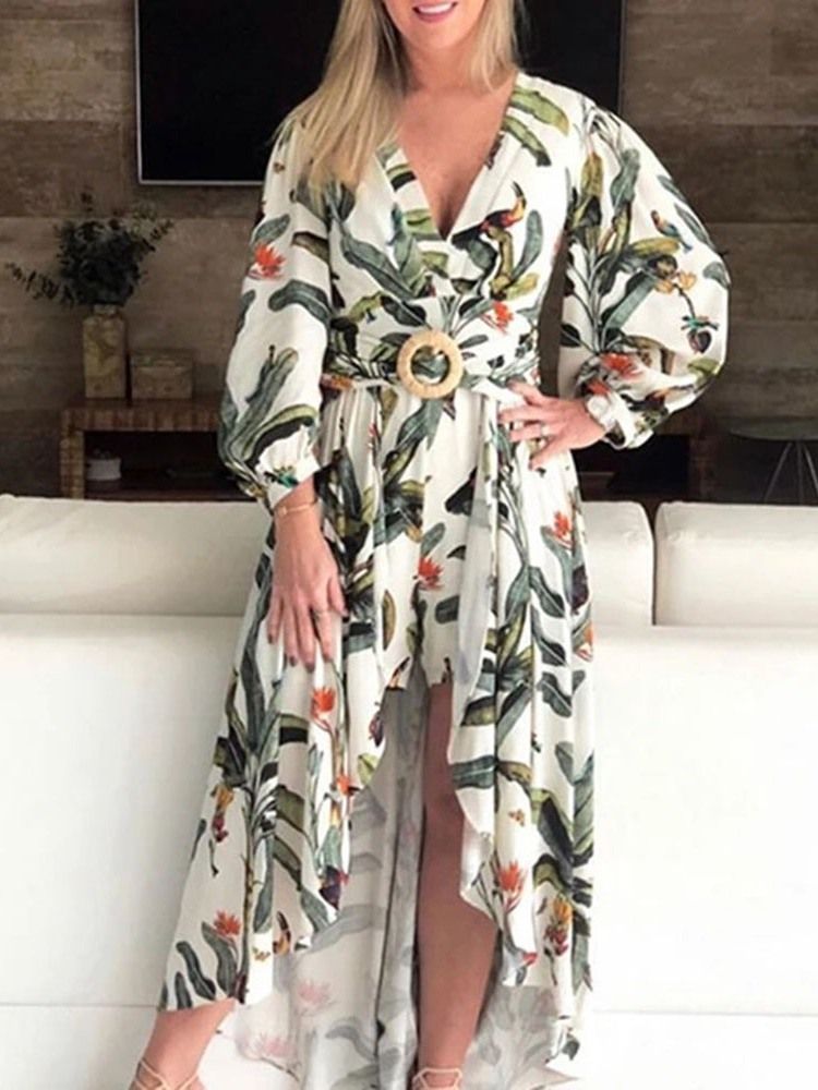 Bodenlanges Asymmetrisches V-ausschnitt Hohe Taille Laterne Ärmel Kleid Floral Maxikleid Strandkleider Für Damen