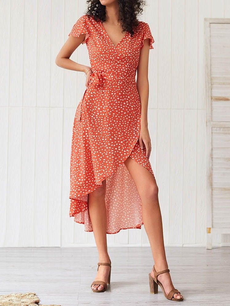 Damen Asymmetrisches Polka Dots V-ausschnitt Wadenmitte Kurzarm Kleid Mit Mittlerer Taille