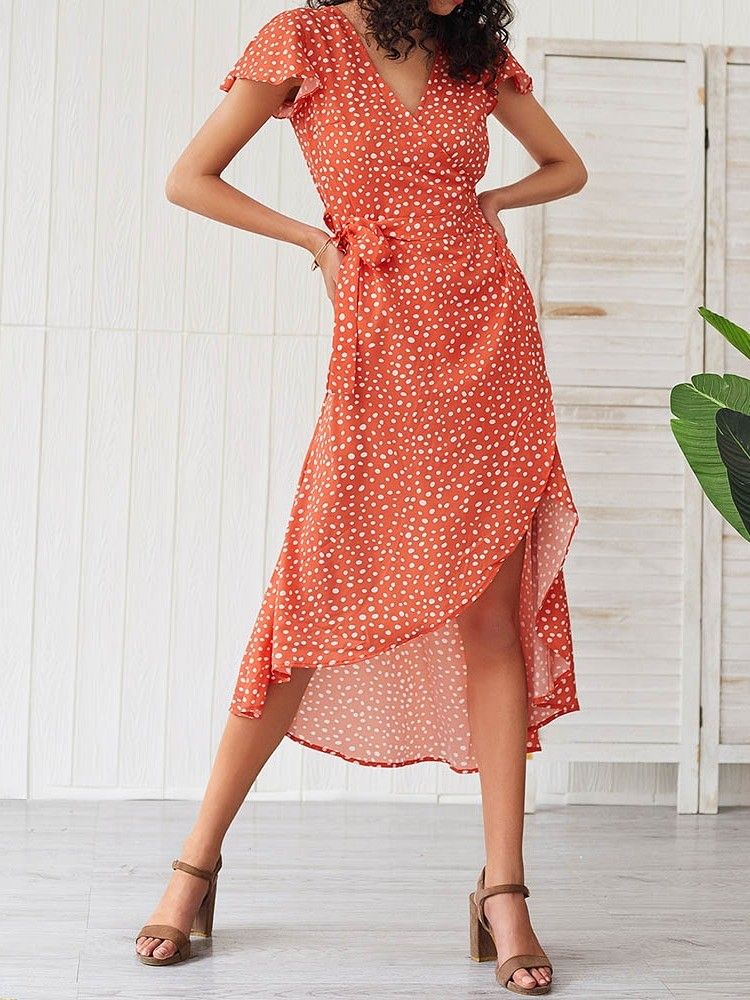 Damen Asymmetrisches Polka Dots V-ausschnitt Wadenmitte Kurzarm Kleid Mit Mittlerer Taille