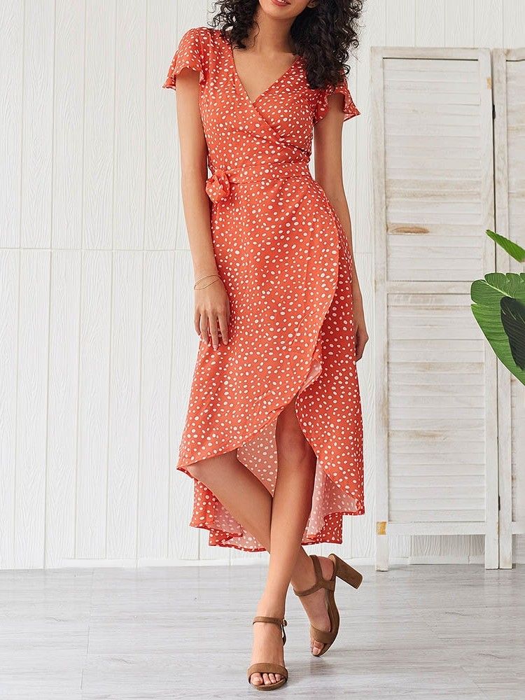 Damen Asymmetrisches Polka Dots V-ausschnitt Wadenmitte Kurzarm Kleid Mit Mittlerer Taille