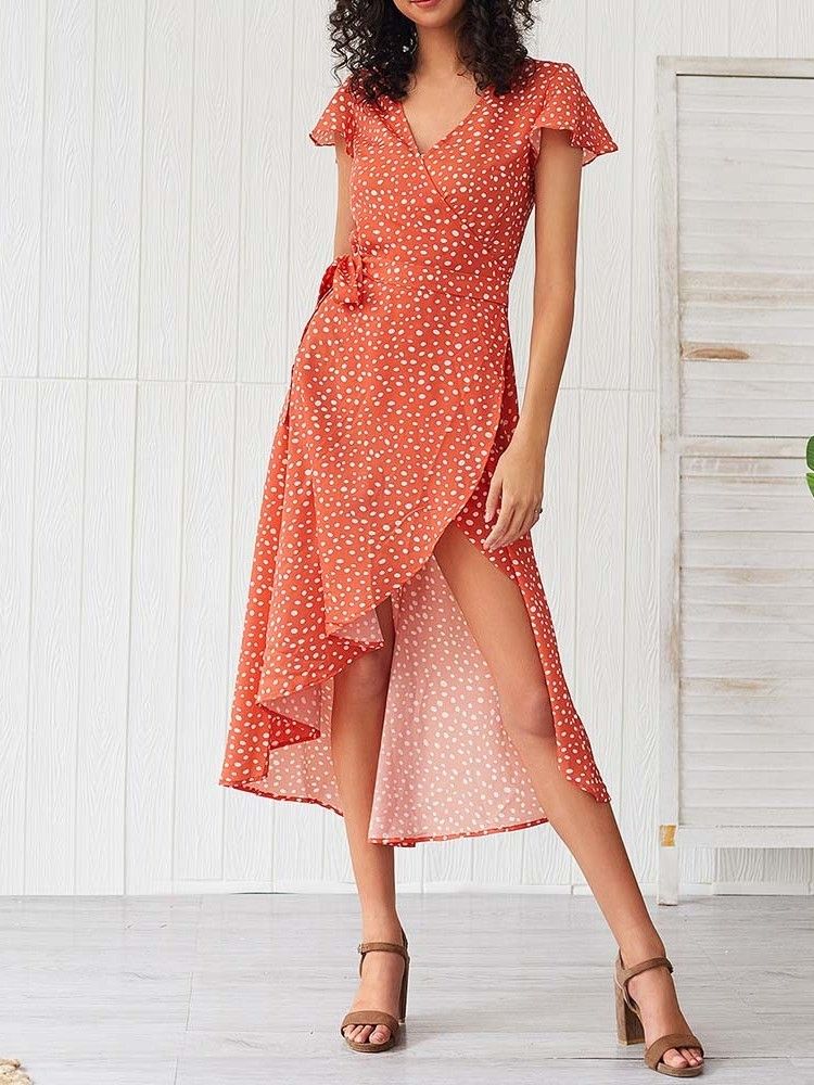 Damen Asymmetrisches Polka Dots V-ausschnitt Wadenmitte Kurzarm Kleid Mit Mittlerer Taille