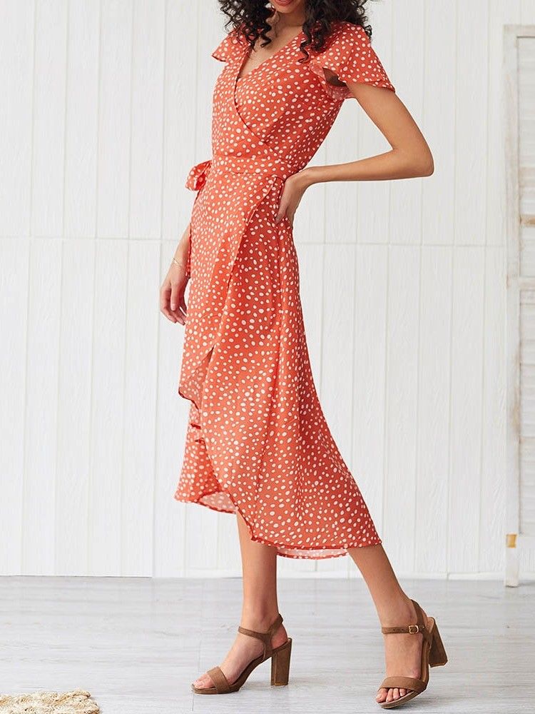 Damen Asymmetrisches Polka Dots V-ausschnitt Wadenmitte Kurzarm Kleid Mit Mittlerer Taille