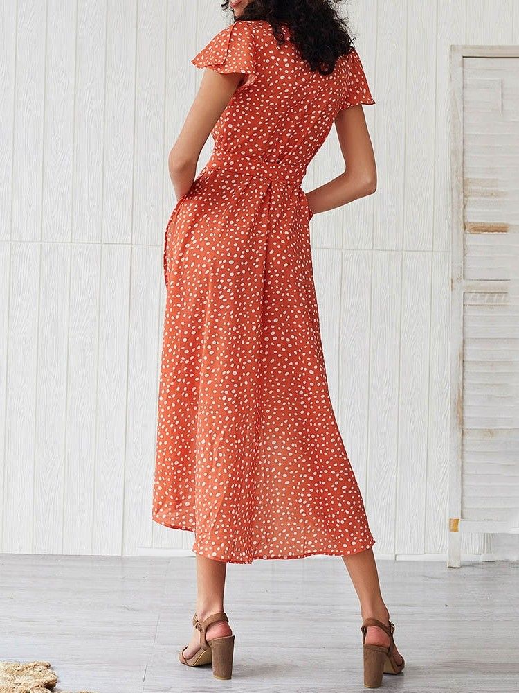 Damen Asymmetrisches Polka Dots V-ausschnitt Wadenmitte Kurzarm Kleid Mit Mittlerer Taille