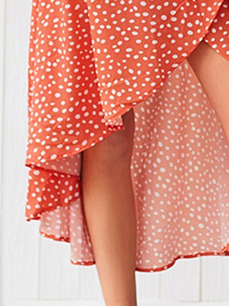 Damen Asymmetrisches Polka Dots V-ausschnitt Wadenmitte Kurzarm Kleid Mit Mittlerer Taille