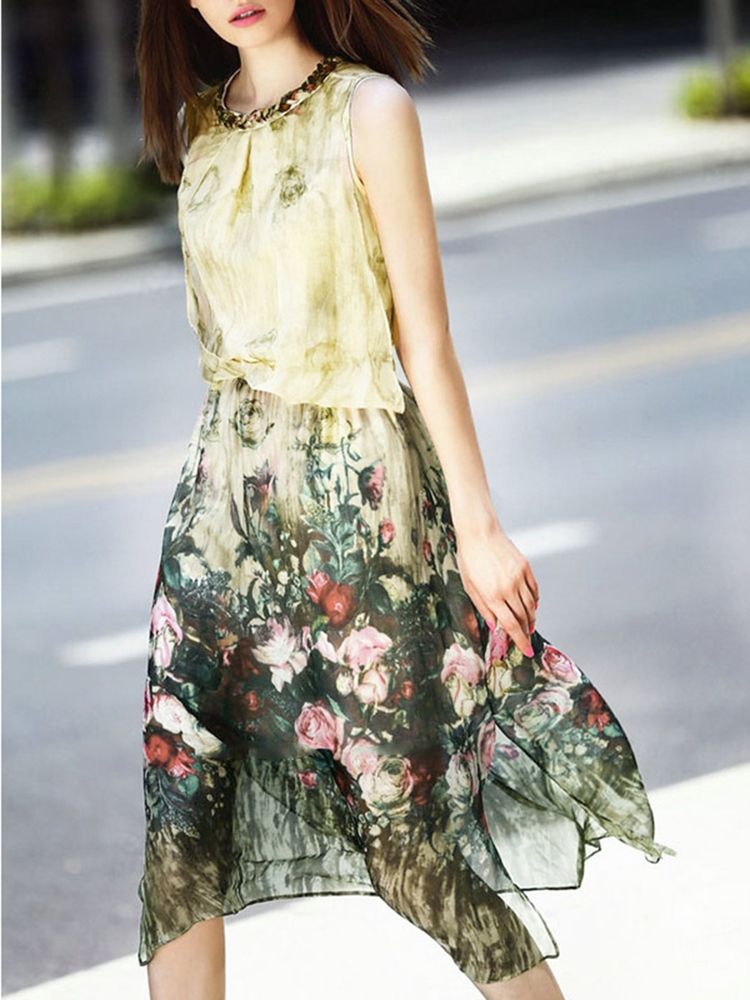 Damen Meryl Floral Asymmetrisches Reise-look Freizeitkleid