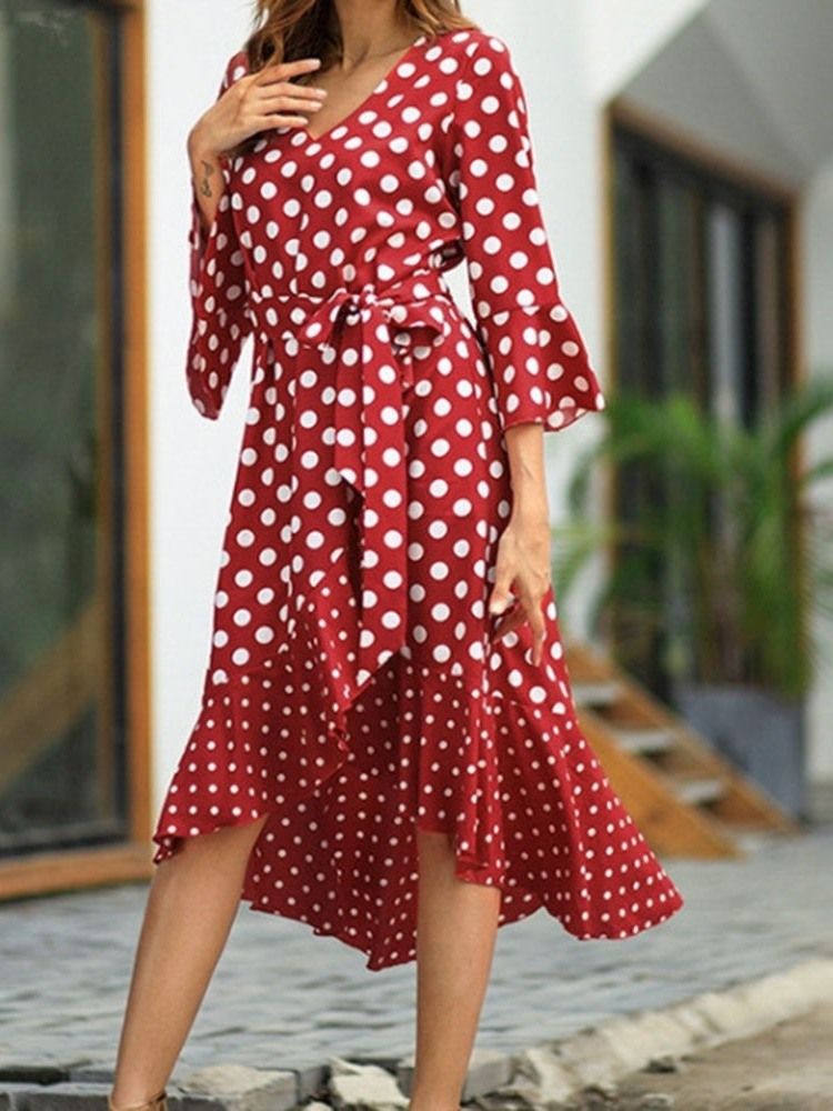 Damen Polka Dots Flare Ärmel V-ausschnitt Schwalbenschwanz Freizeitkleid