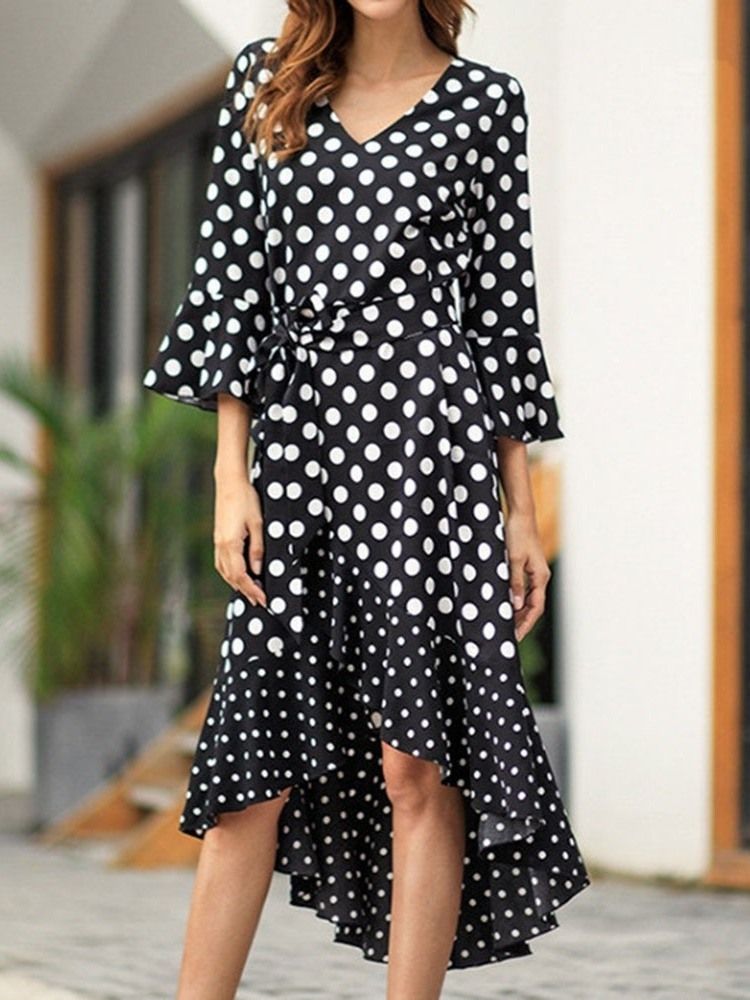 Damen Polka Dots Flare Ärmel V-ausschnitt Schwalbenschwanz Freizeitkleid