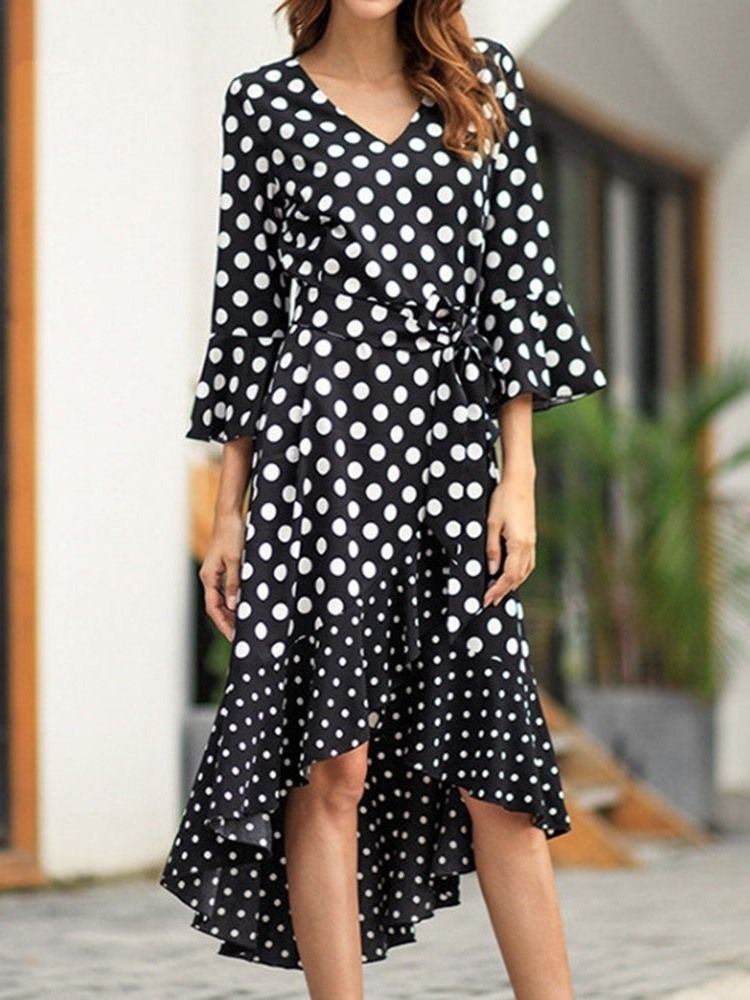 Damen Polka Dots Flare Ärmel V-ausschnitt Schwalbenschwanz Freizeitkleid