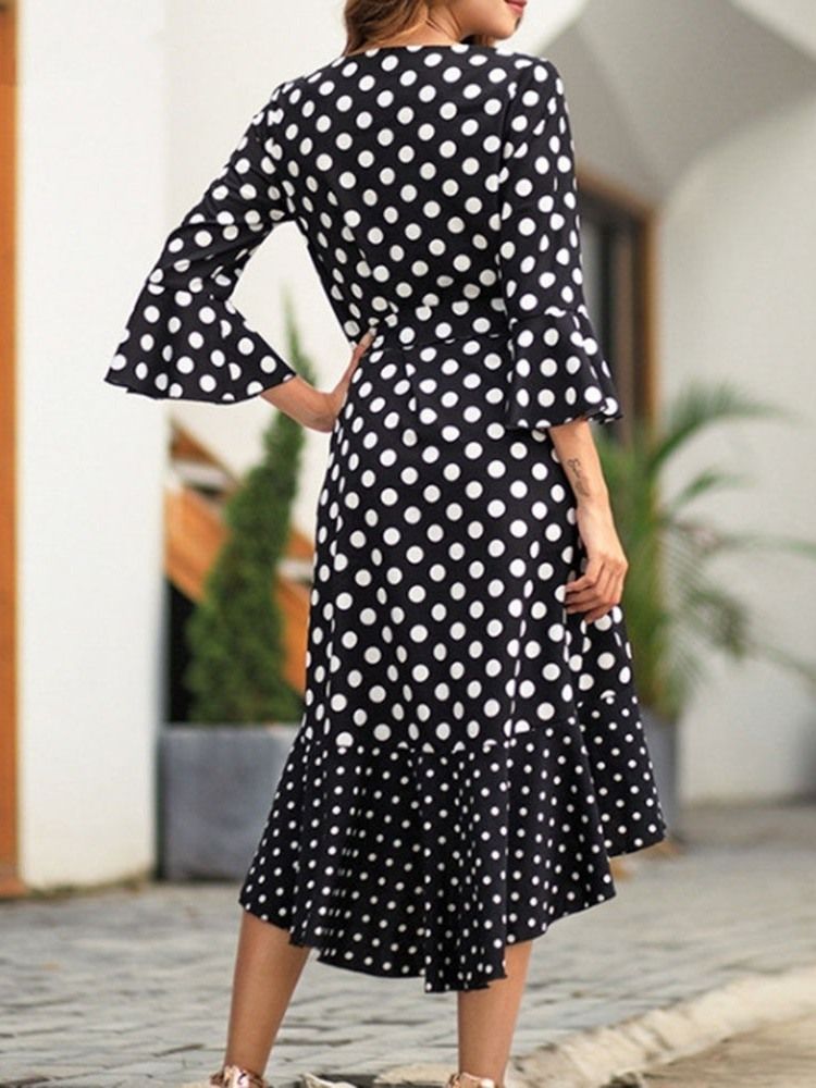 Damen Polka Dots Flare Ärmel V-ausschnitt Schwalbenschwanz Freizeitkleid