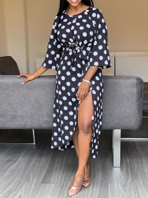 Damen Polka Dots V-ausschnitt Dreiviertelärmel Split Asymmetrisches Modekleid