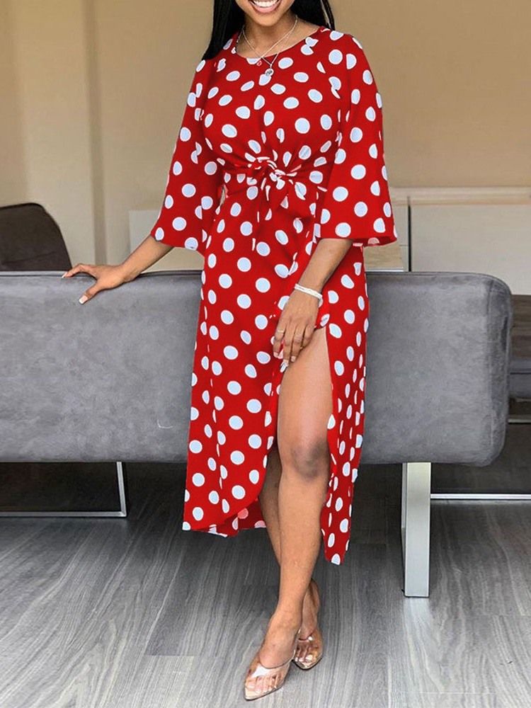 Damen Polka Dots V-ausschnitt Dreiviertelärmel Split Asymmetrisches Modekleid