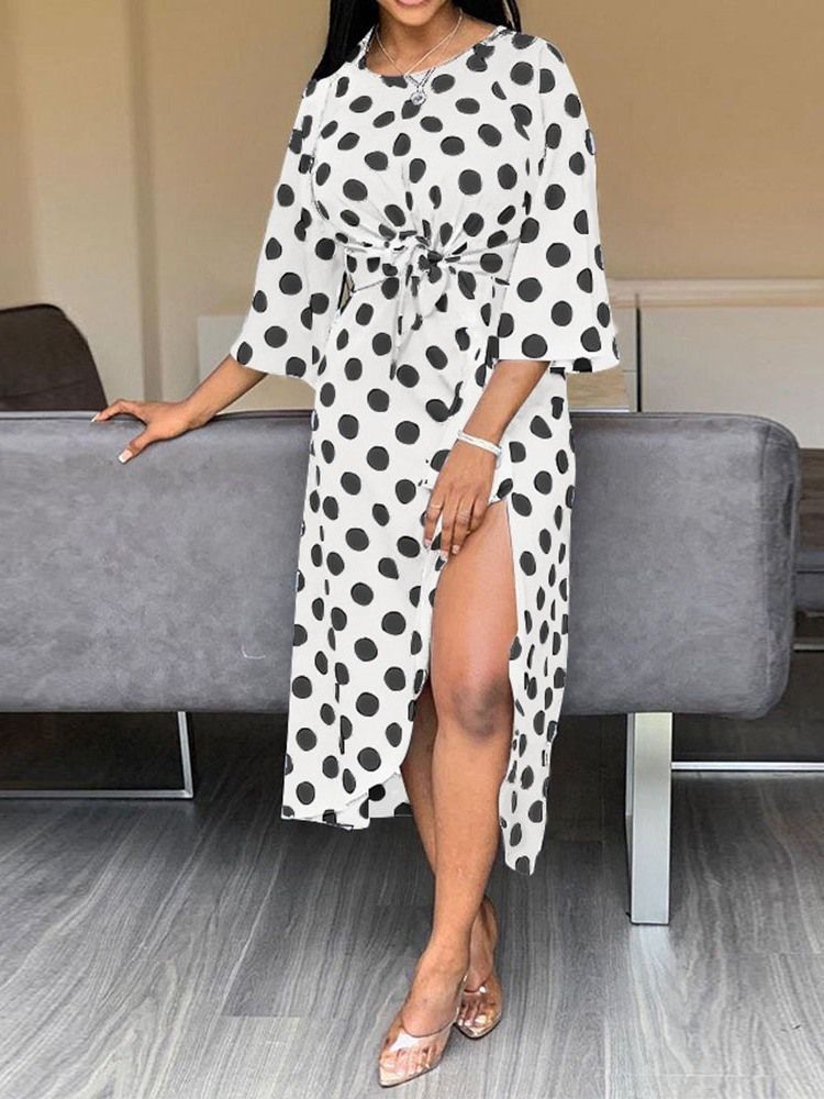 Damen Polka Dots V-ausschnitt Dreiviertelärmel Split Asymmetrisches Modekleid