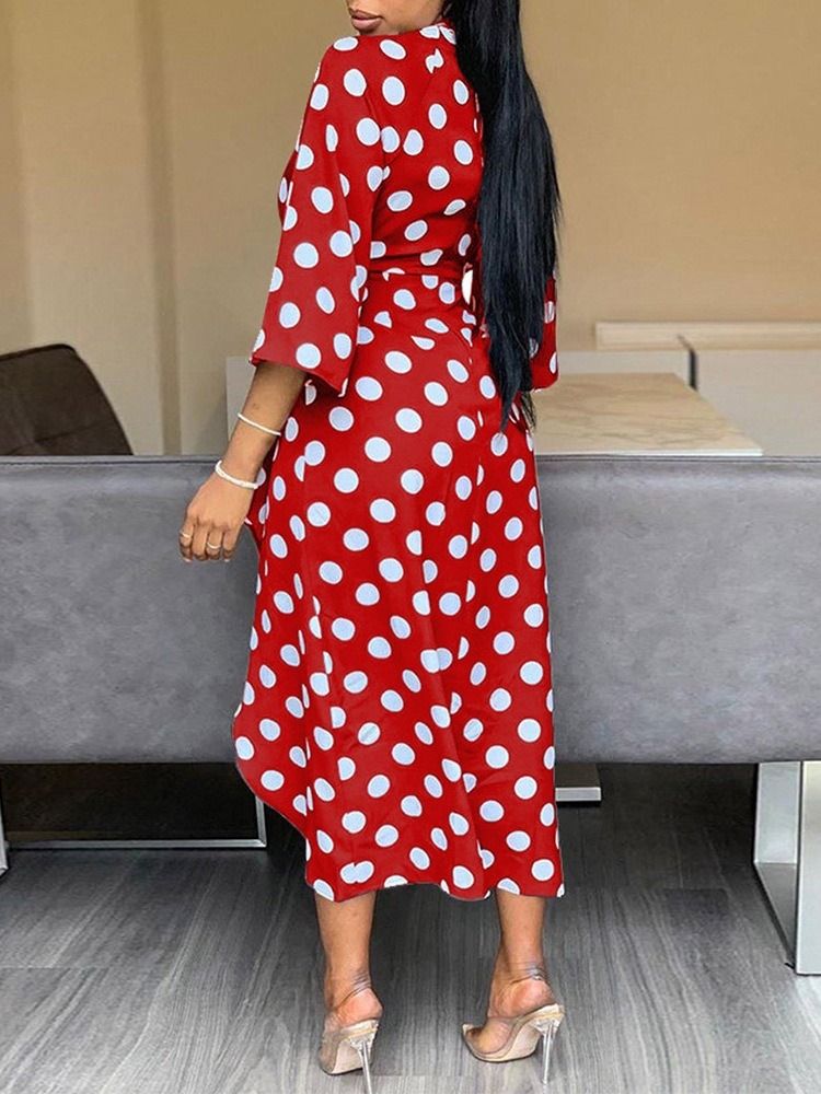 Damen Polka Dots V-ausschnitt Dreiviertelärmel Split Asymmetrisches Modekleid