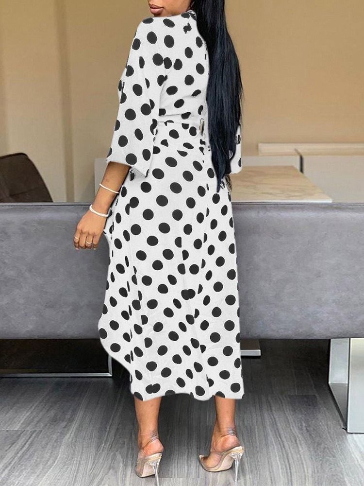 Damen Polka Dots V-ausschnitt Dreiviertelärmel Split Asymmetrisches Modekleid