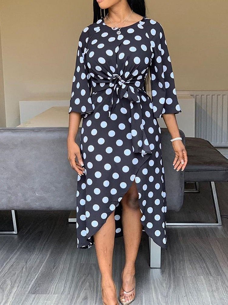 Damen Polka Dots V-ausschnitt Dreiviertelärmel Split Asymmetrisches Modekleid