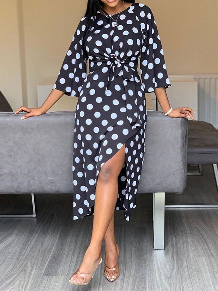 Damen Polka Dots V-ausschnitt Dreiviertelärmel Split Asymmetrisches Modekleid