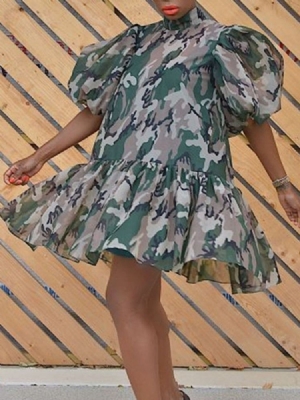 Damen-print Halbarm Stehkragen Camouflage Laternenärmel Kleid