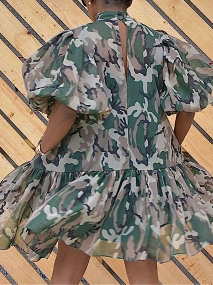 Damen-print Halbarm Stehkragen Camouflage Laternenärmel Kleid