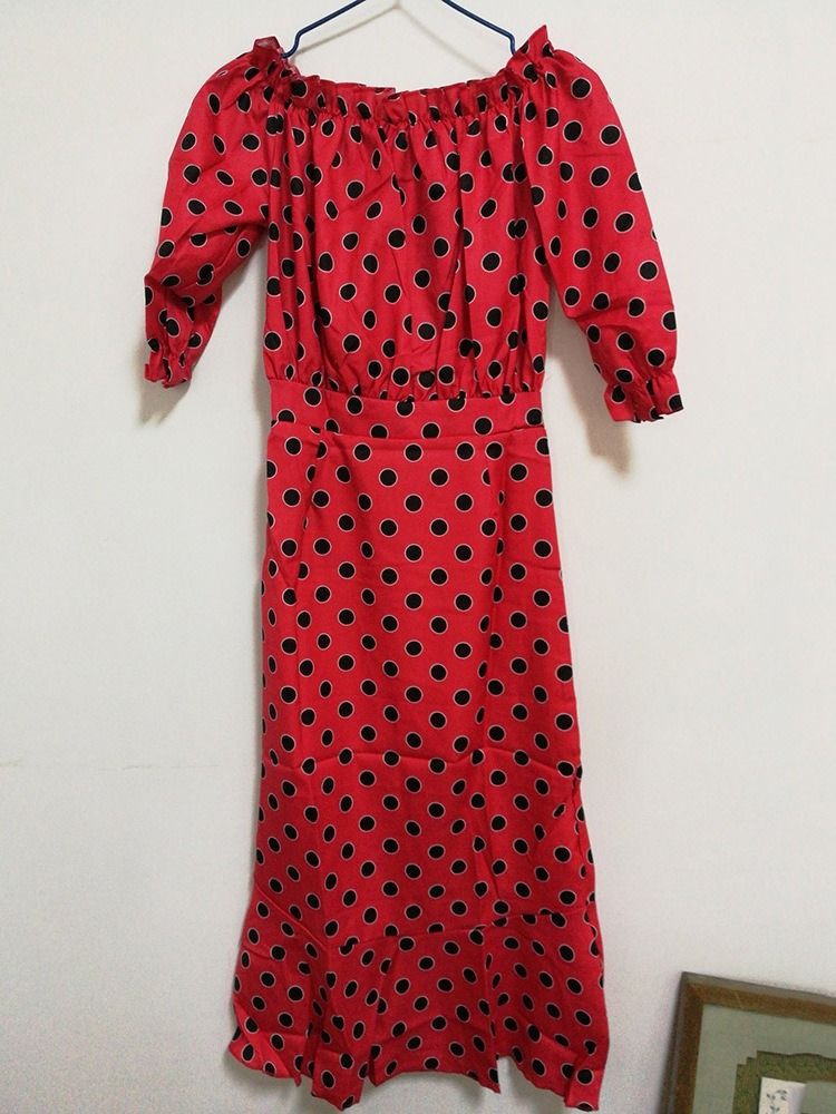 Damen Schulterfreies Gerüschtes Date Night Dress Mit Polka Dots