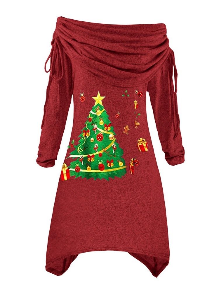 Damen Weihnachtsbaum Heap Kragen Knielang Asymmetrisch Heap Sleeve Pullover Kleid