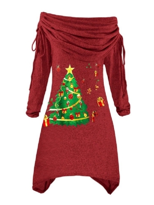 Damen Weihnachtsbaum Heap Kragen Knielang Asymmetrisch Heap Sleeve Pullover Kleid