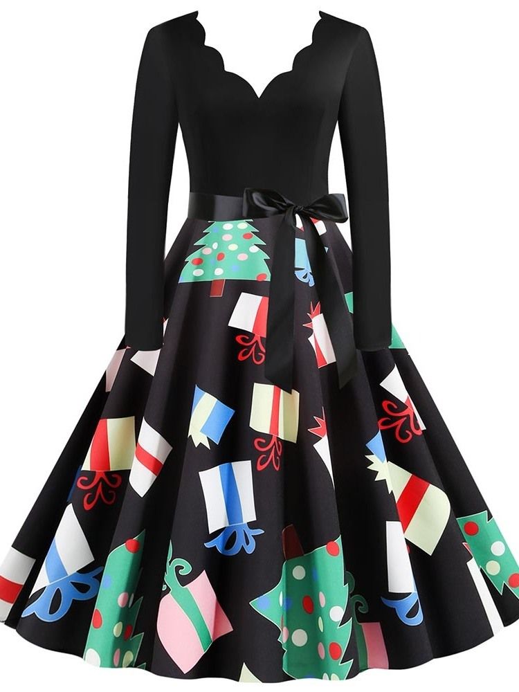 Damenmitte-waden-patchwork V-ausschnitt Süßes Cartoon-kleid