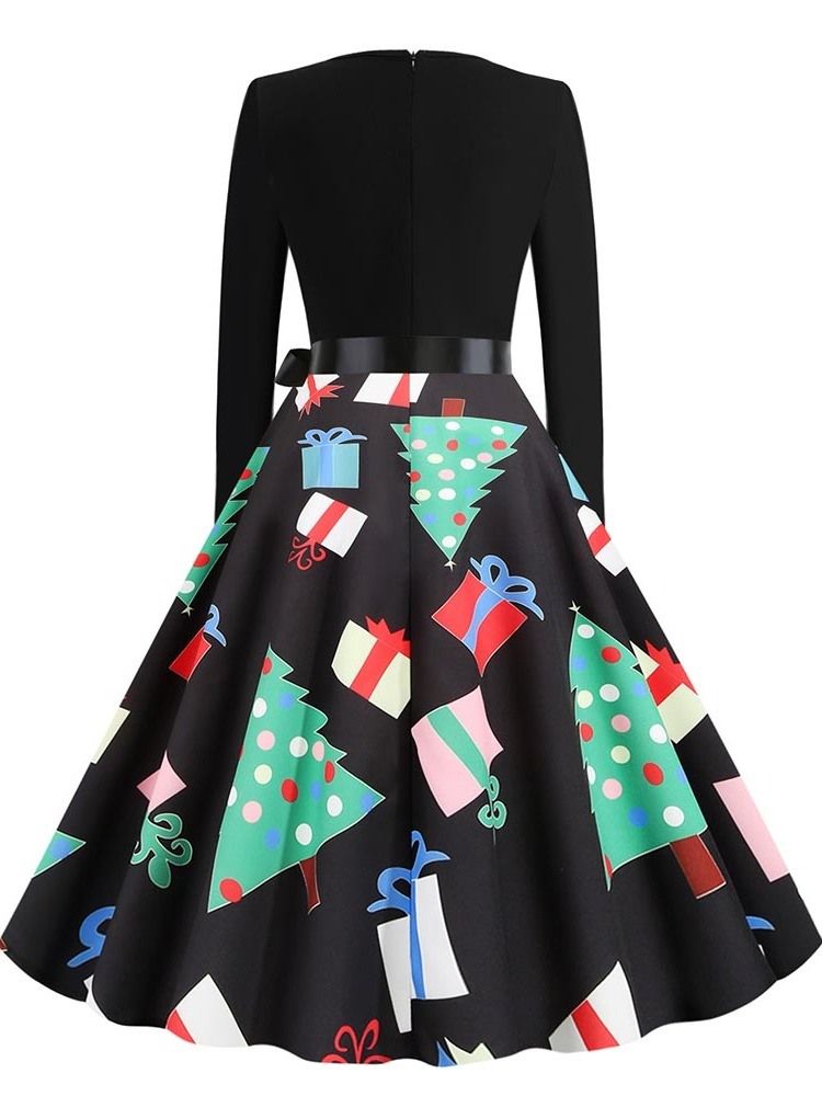 Damenmitte-waden-patchwork V-ausschnitt Süßes Cartoon-kleid