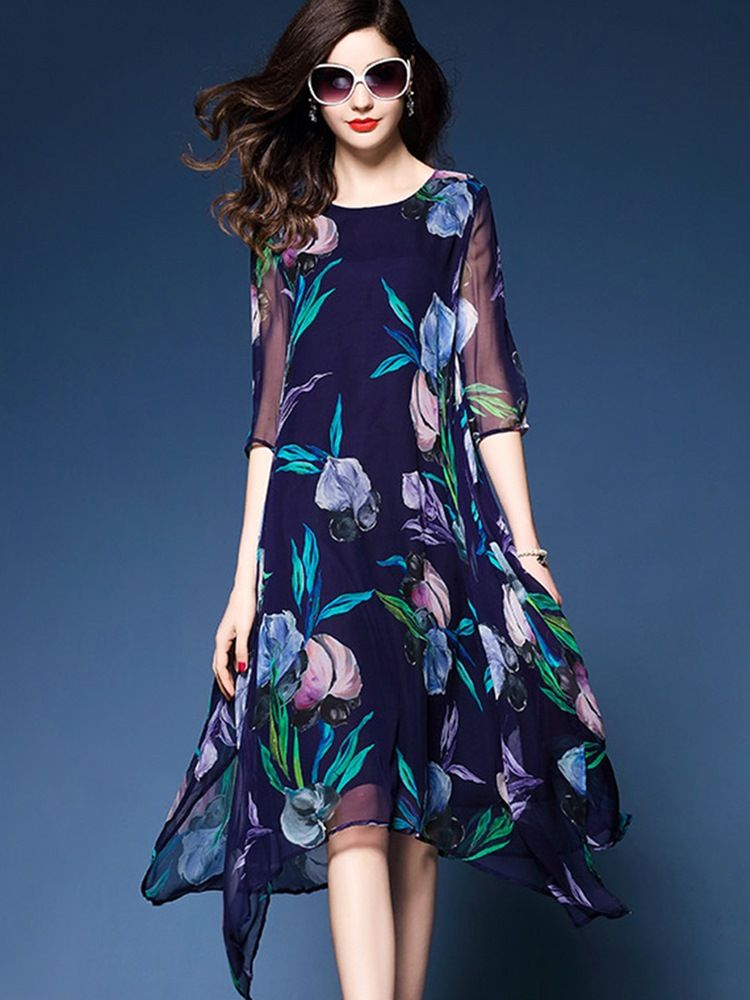 Damenseide Mit Zartem Print Asymmetrisches Fließendes Freizeitkleid