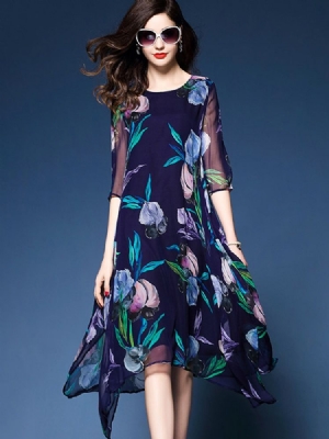 Damenseide Mit Zartem Print Asymmetrisches Fließendes Freizeitkleid