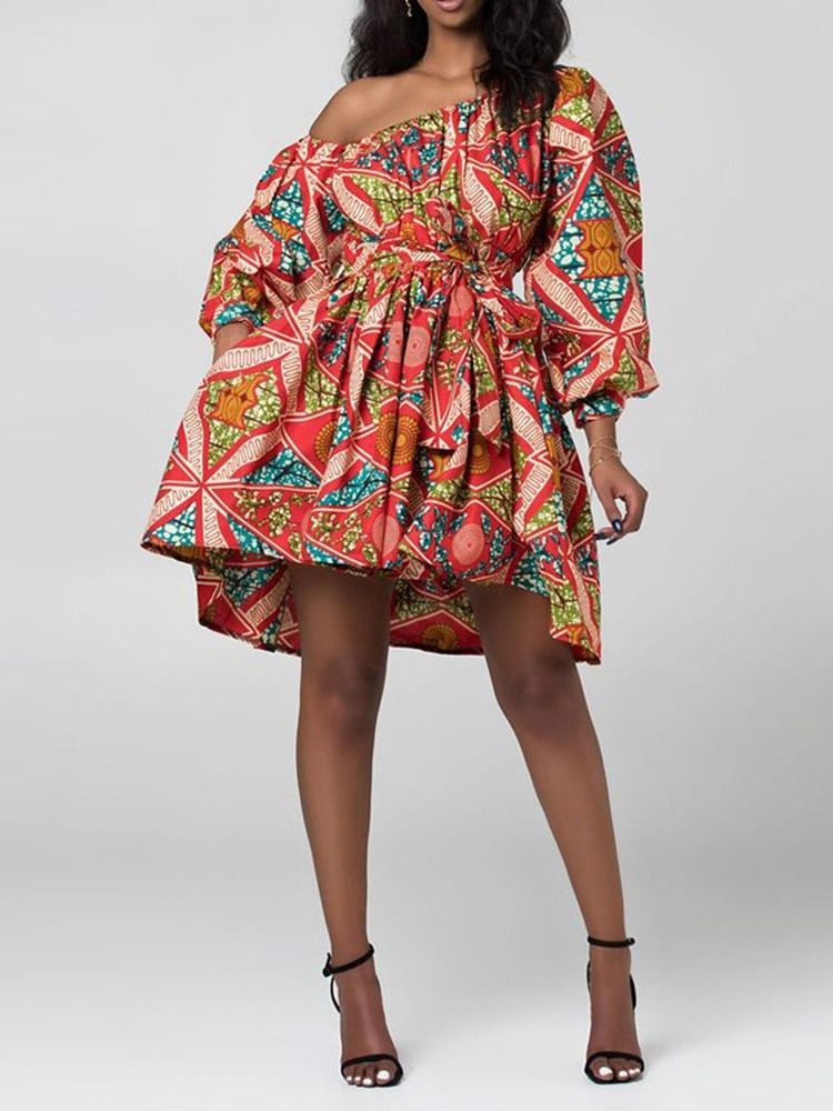 Frauen African Fashion Schrägkragen Laterne Ärmel Über Dem Knie Blumenkleid