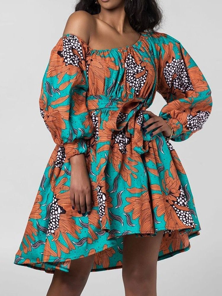 Frauen African Fashion Schrägkragen Laterne Ärmel Über Dem Knie Blumenkleid