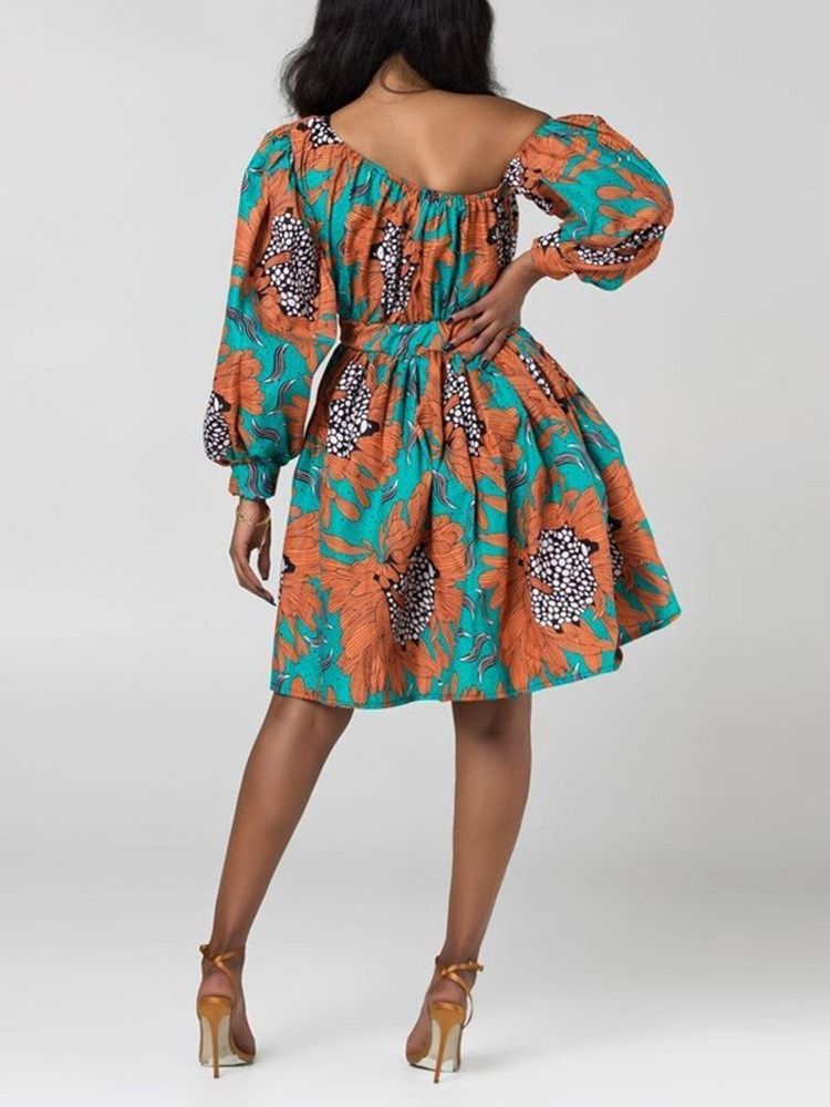 Frauen African Fashion Schrägkragen Laterne Ärmel Über Dem Knie Blumenkleid