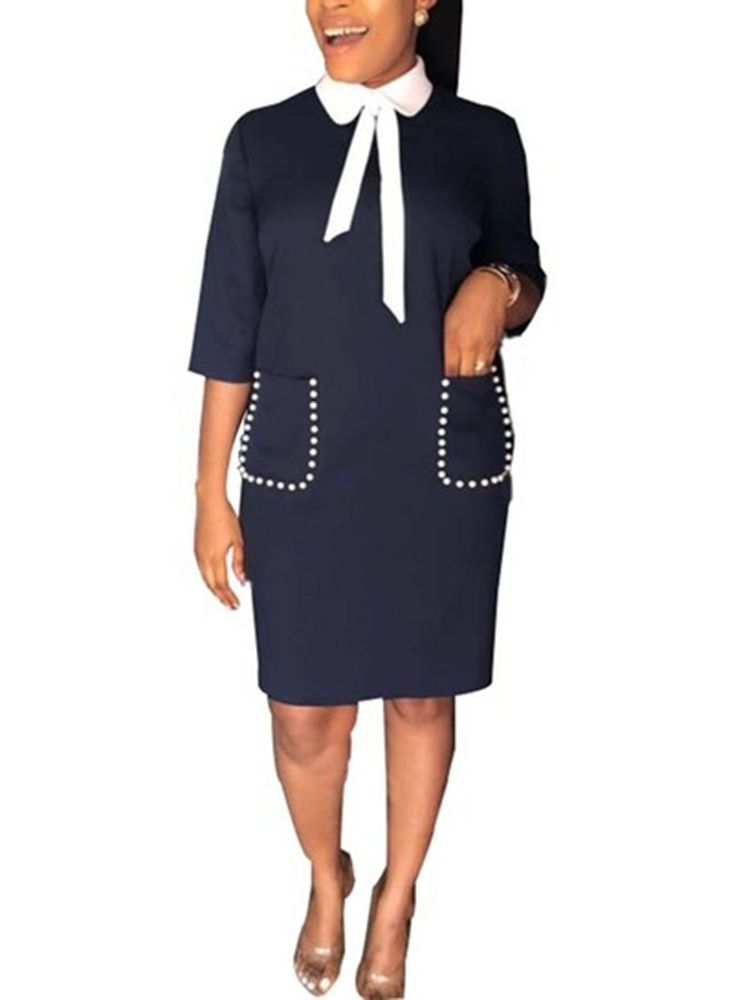 Knielanges Kleid Mit Dreiviertelärmeln Und Perlentaschen Für Damen