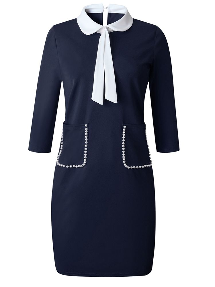 Knielanges Kleid Mit Dreiviertelärmeln Und Perlentaschen Für Damen