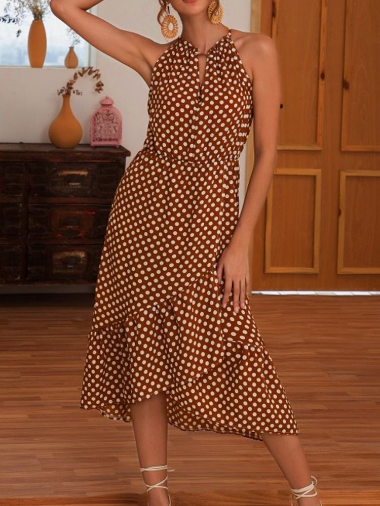 Mitte Der Wade Asymmetrisches Ärmelloses Polka Dots Süßes Damenkleid