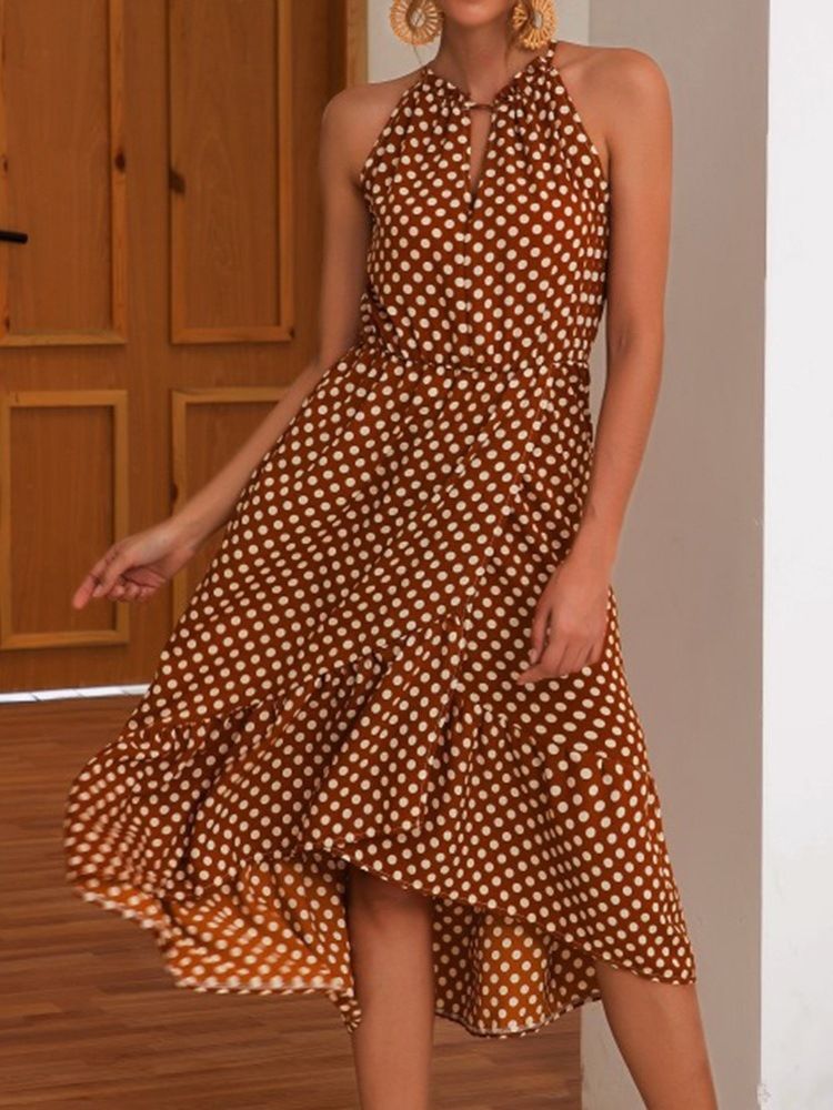 Mitte Der Wade Asymmetrisches Ärmelloses Polka Dots Süßes Damenkleid