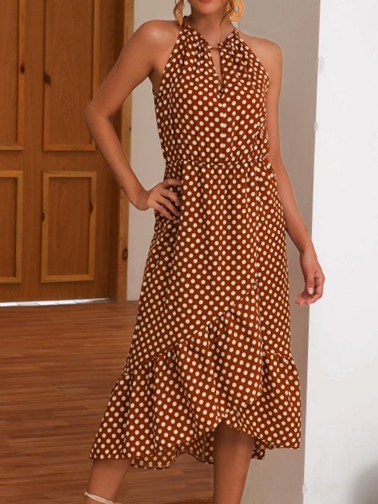 Mitte Der Wade Asymmetrisches Ärmelloses Polka Dots Süßes Damenkleid