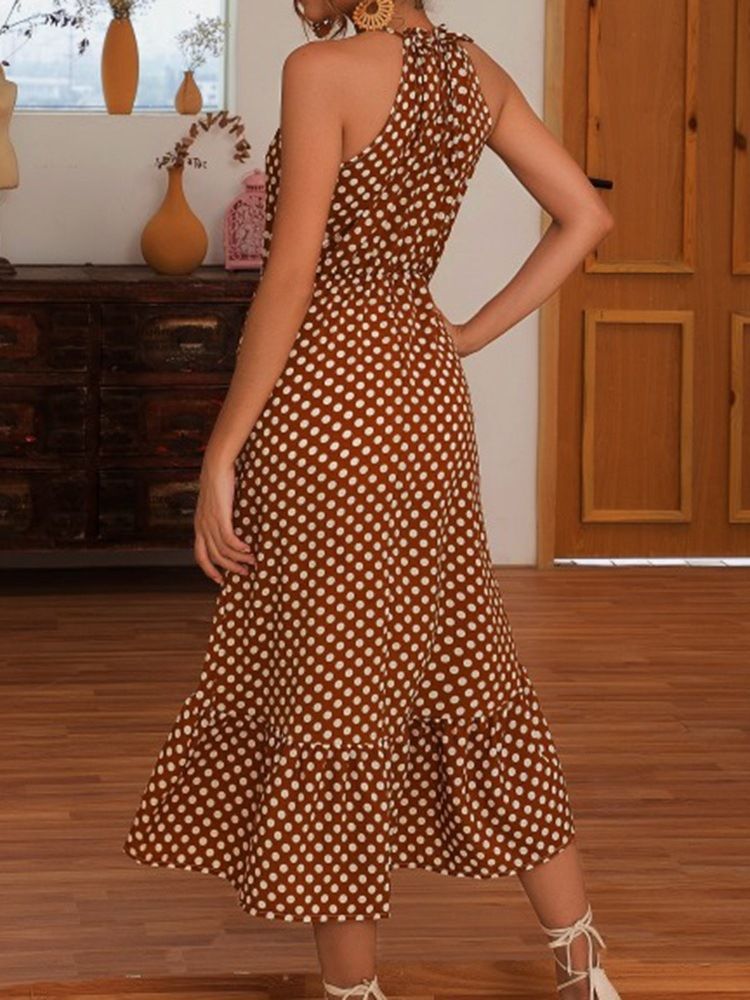 Mitte Der Wade Asymmetrisches Ärmelloses Polka Dots Süßes Damenkleid