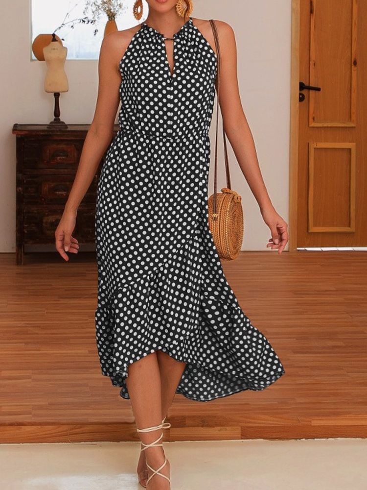 Mitte Der Wade Asymmetrisches Ärmelloses Polka Dots Süßes Damenkleid