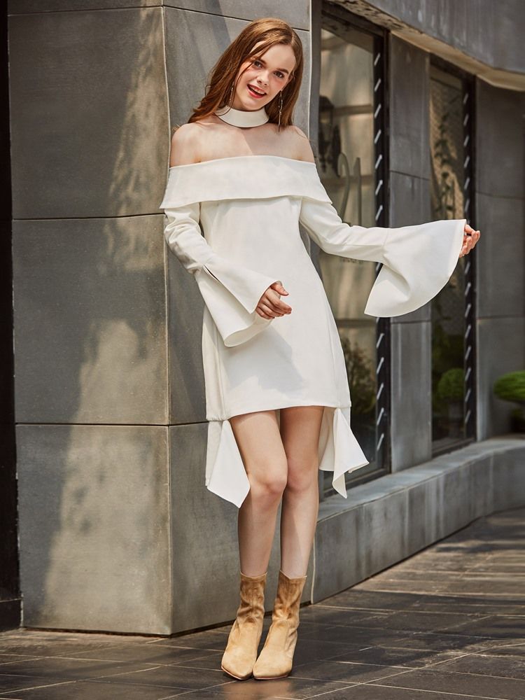 Off-the-shoulder-gürtelärmel Für Damen Asymmetrisches Freizeitkleid