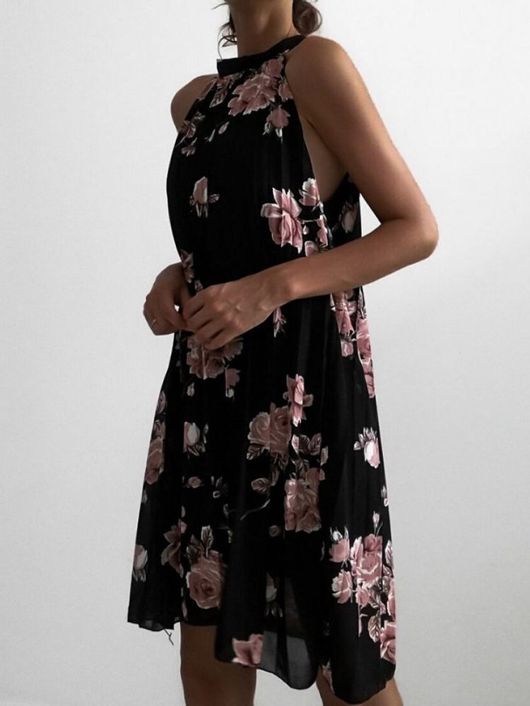 Über Dem Knie Stehkragen Print Sommer Casual Damenkleid