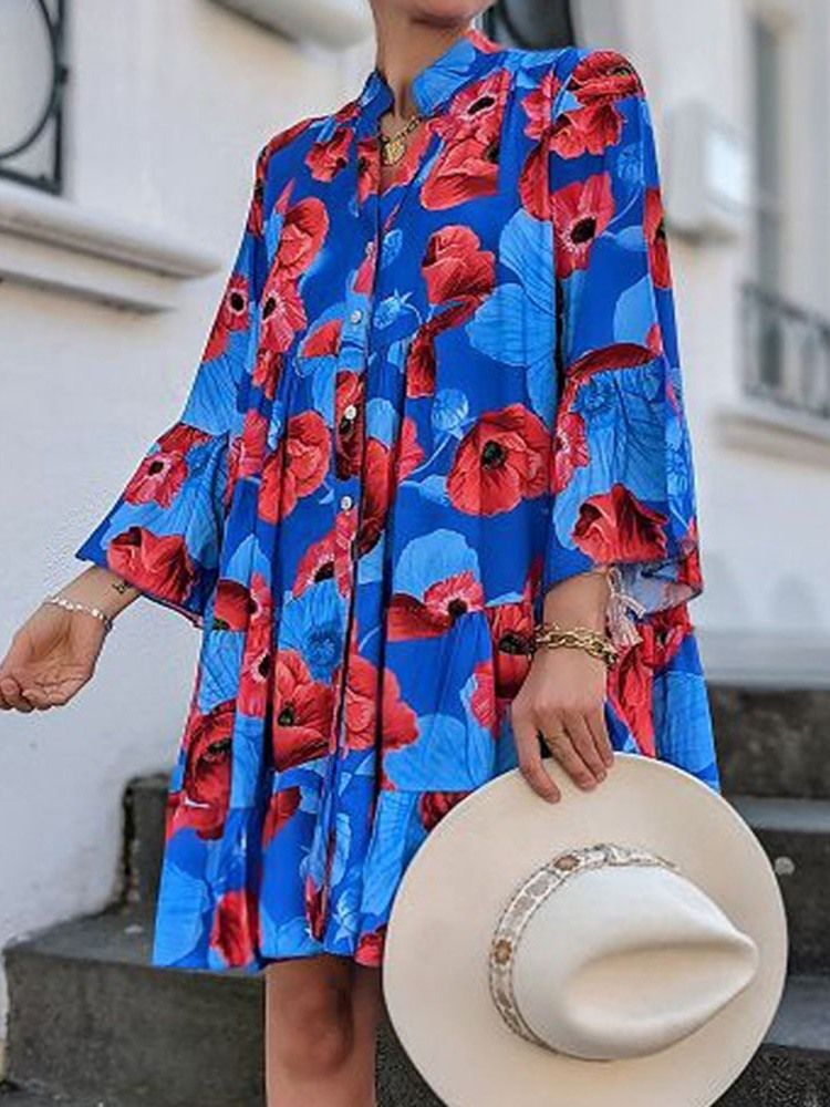 Über Dem Knieknopf Neun Punkte Ärmel Mode A-linie Blumen Maxikleid Strandkleider Für Frauen