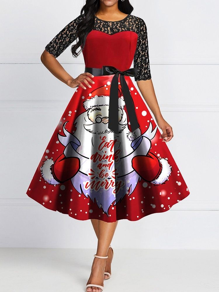 Weihnachten Rundhalsausschnitt Print Halbarm Sommer Cartoon Kleid Print